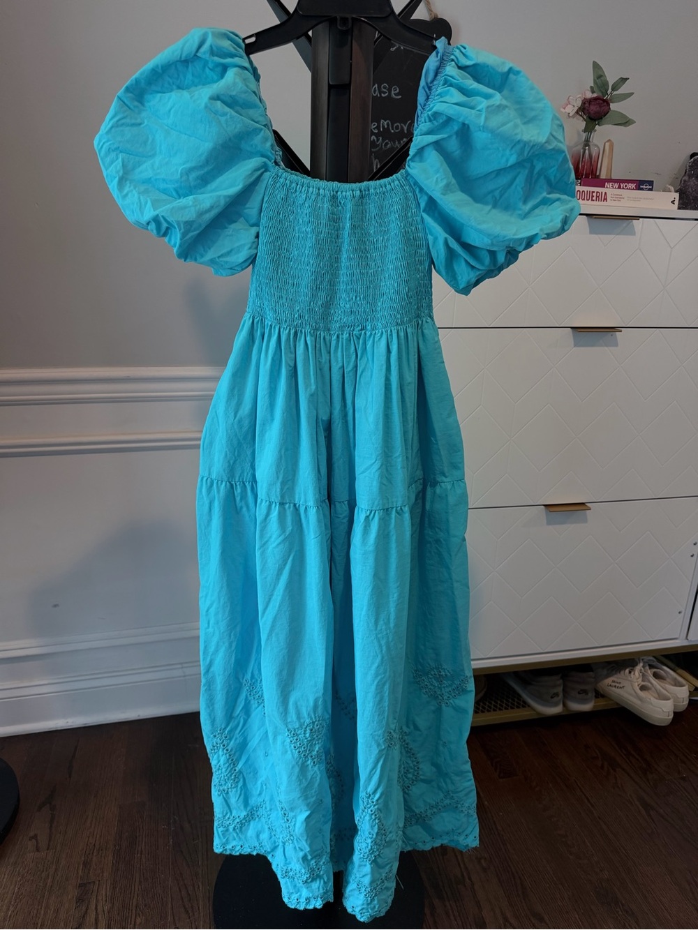 Line and Dot Puff Sleeve Maxi Dress in Aqua Blue